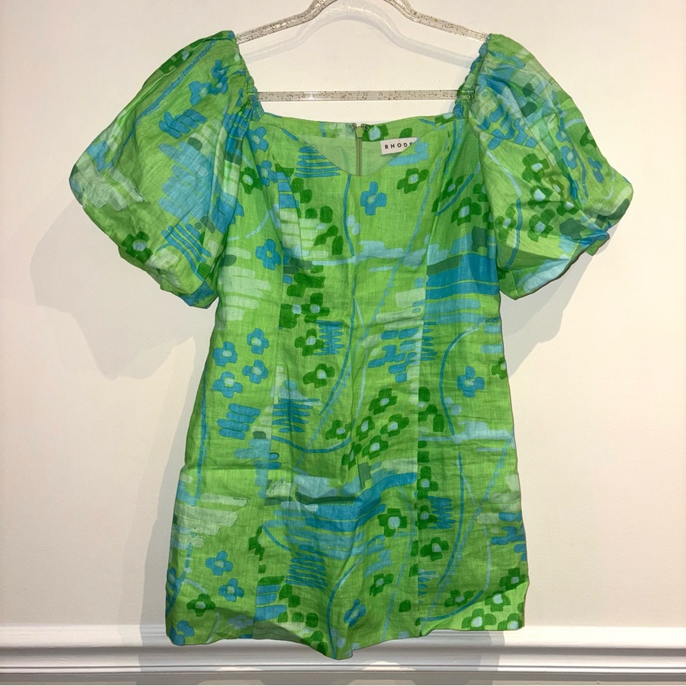 RHODE Dali Dress Puff Sleeve Linen Cotton Electric Eden Green Floral Print Sz 6 - Picture 6 of 10